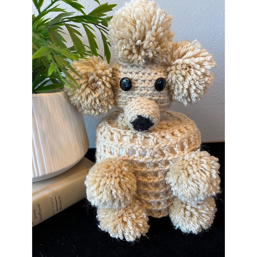 Vintage 1970s Crocheted Poodle Toilet Paper Roll Cover-Beige-MCM-Kitsch Decor